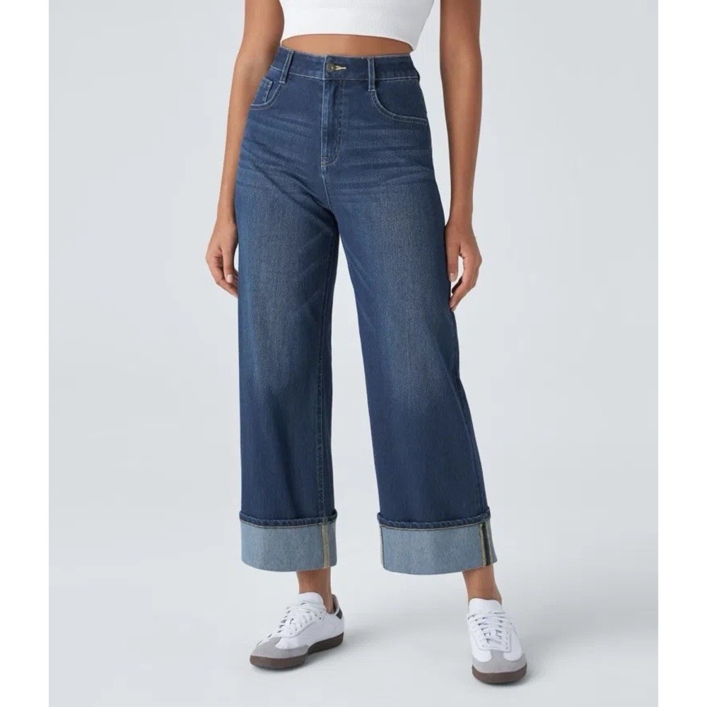 Halara Flex™ High Waisted Pockets Rolled Hem Wide Leg Washed Jeans Dark Wash L